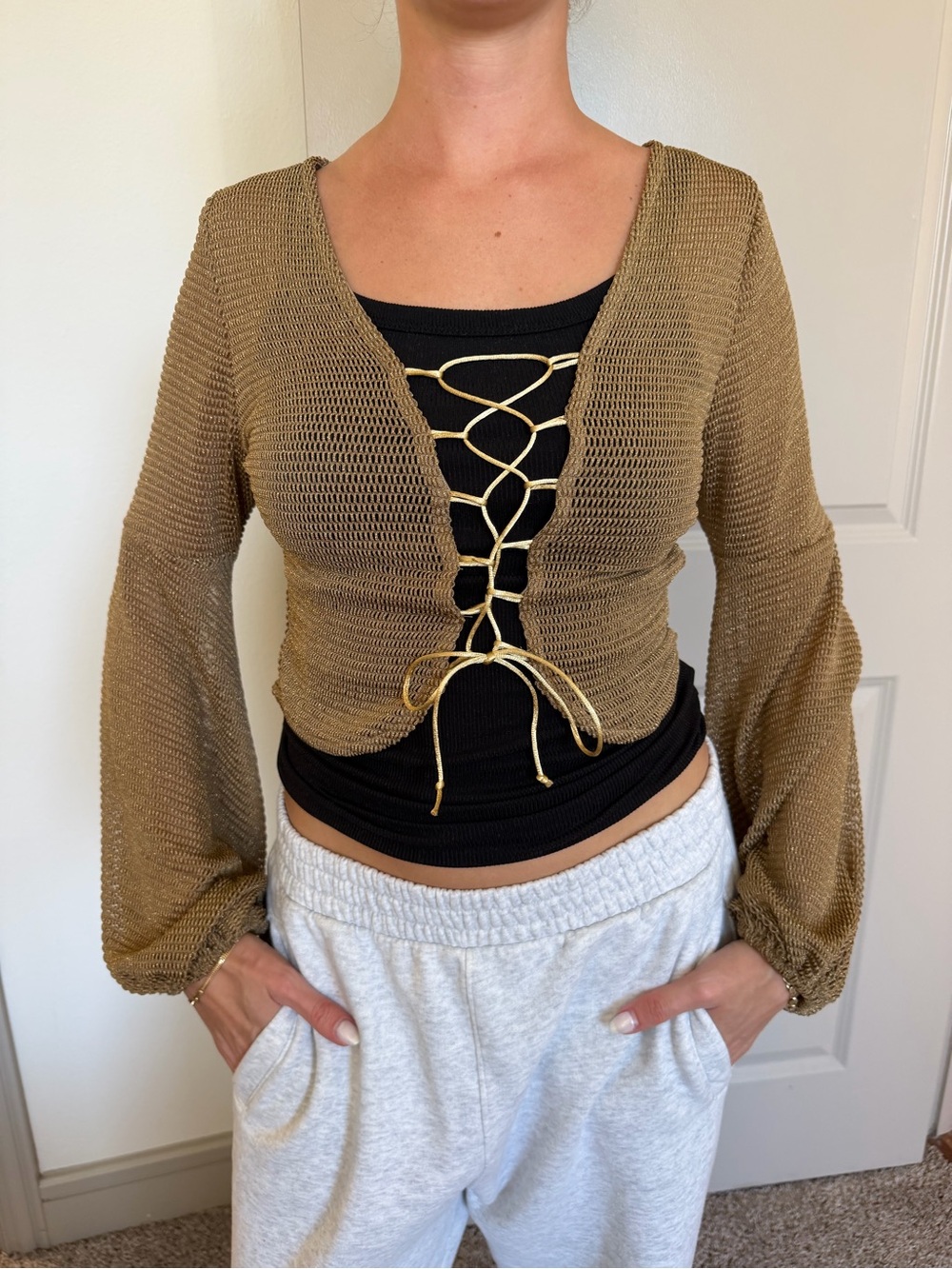 Source Unknown Metallic Brown Lace-Up Knit Camisole